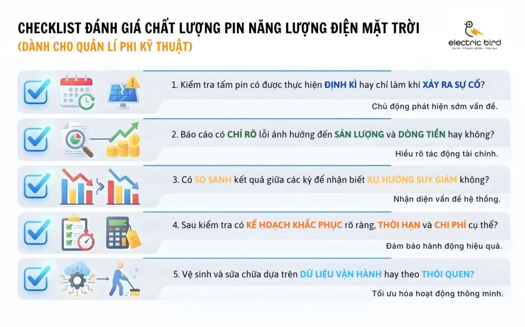 checklist kiểm tra pin năng lượng mặt trời danh cho quản lý phi kỹ thuật
